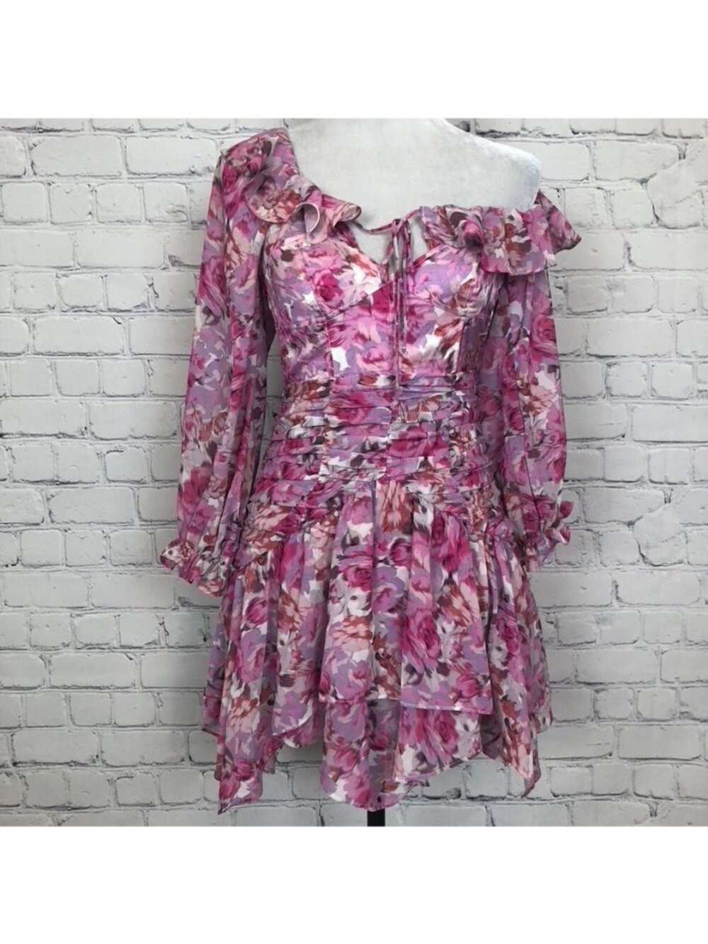 NWT For Love & Lemons Sofia Dress Size XS Pink Purple Floral Ruffle